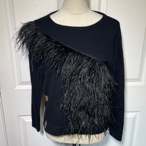 Scripted Black Cashmere Ostrich Feather-Trimmed Long Sleeve‎ Sweater Size Small